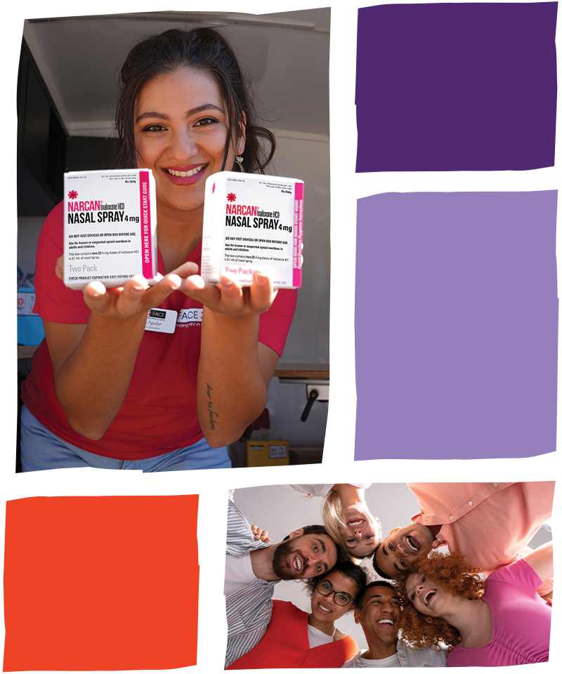 Color block of different rectangles with two pictures of people