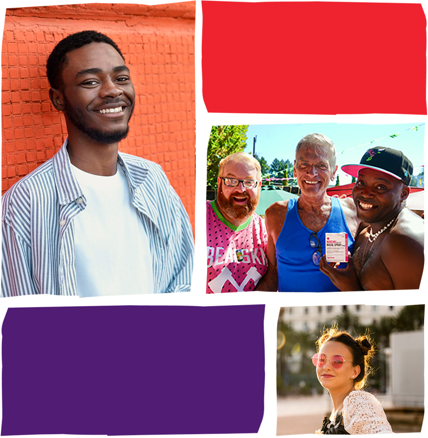 Community panel with three photos: one of a black young man smiling, one man holding Narcan flanked by two male friends, and a woman in sunglasses smiling in the sun