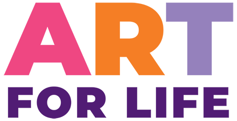 Art for Life logo - text in pink, orange, lavender and purple