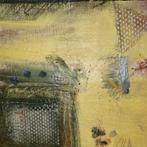 Roberta Alexander's Blue Highlight, encaustic collage in muted golds, greys with a blue highlighted image.
