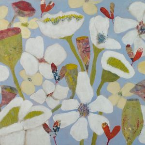 Lorraine Chapman's Winter Flowers mixed media flowers in blues, whites, and greens.