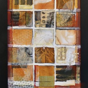 Gerald Huth's Masks of Dawn - mixed media collage of different textured papers in oranges, browns and white