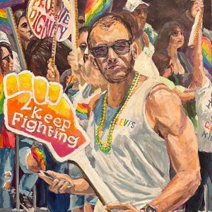 Alan Beckstead's Pride Series painting - oil on canvas depicting runner with sign saying "fight"