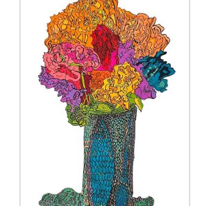 David Cohen's colorful print of blue vase with orange, yellow, blue and red flowers