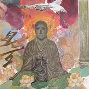 Linda Donahue's sitting Buddha with White Egret flying overhead