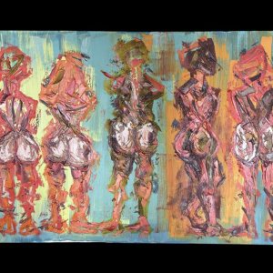 Doug Hasting's abstract oil painting of the backsides of 5 human figures. Reds, whites, yellows, browns on blue background.