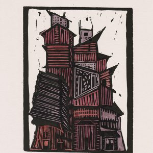 Steven Peterson & Peter Jaret's linocut of the Petaluma grain mill. Black lines with reds, browns and black depicting the image