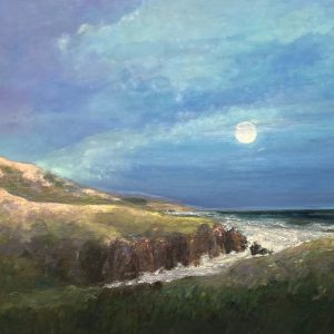 Barbara Medaille's oil painting of full moon in cloudy sky setting over ocean bluff