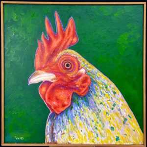 Gregory Power's painting of rooster head, in reds, yellows with a blue accent.