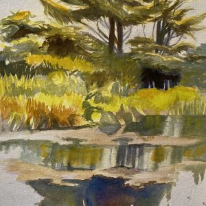 Beverly Bird's pond scene. Watercolor of green trees reflected in a grayish pond.