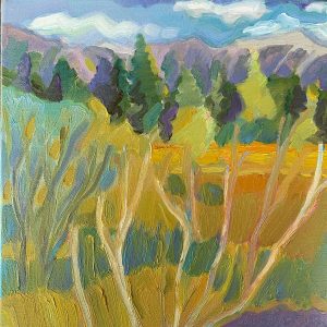 Marsha Connell's abstract painting of golden fields in S. Lake Tahoe. Green fields and greens with golden sparce trees in foreground