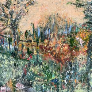 Martha Baine Hart's acrylic abstract painting of backyard in greens, blues with a cloud of pinkish tan
