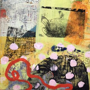 Kathleen Thompson's abstract acrylic painting on panel. Large black mass with white dots and yellow/orange images in the background